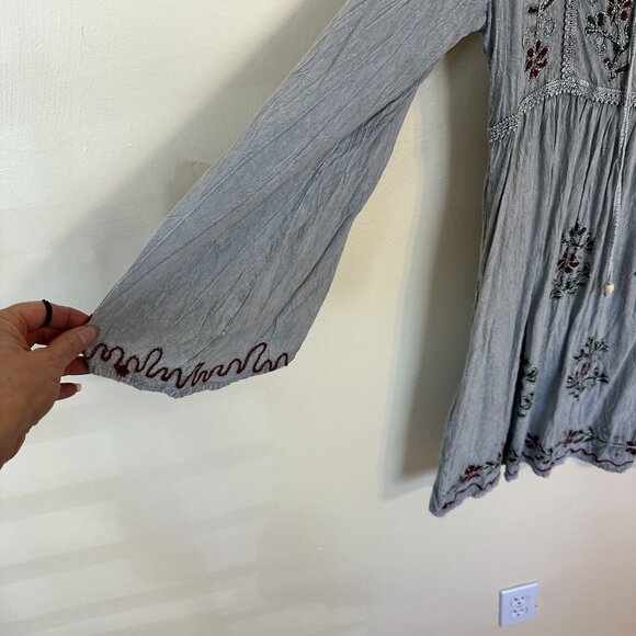 Anandas Womens Embroidered Boho Tunic Top Long Sleeves Rayon Large Grey - Picture 11 of 11